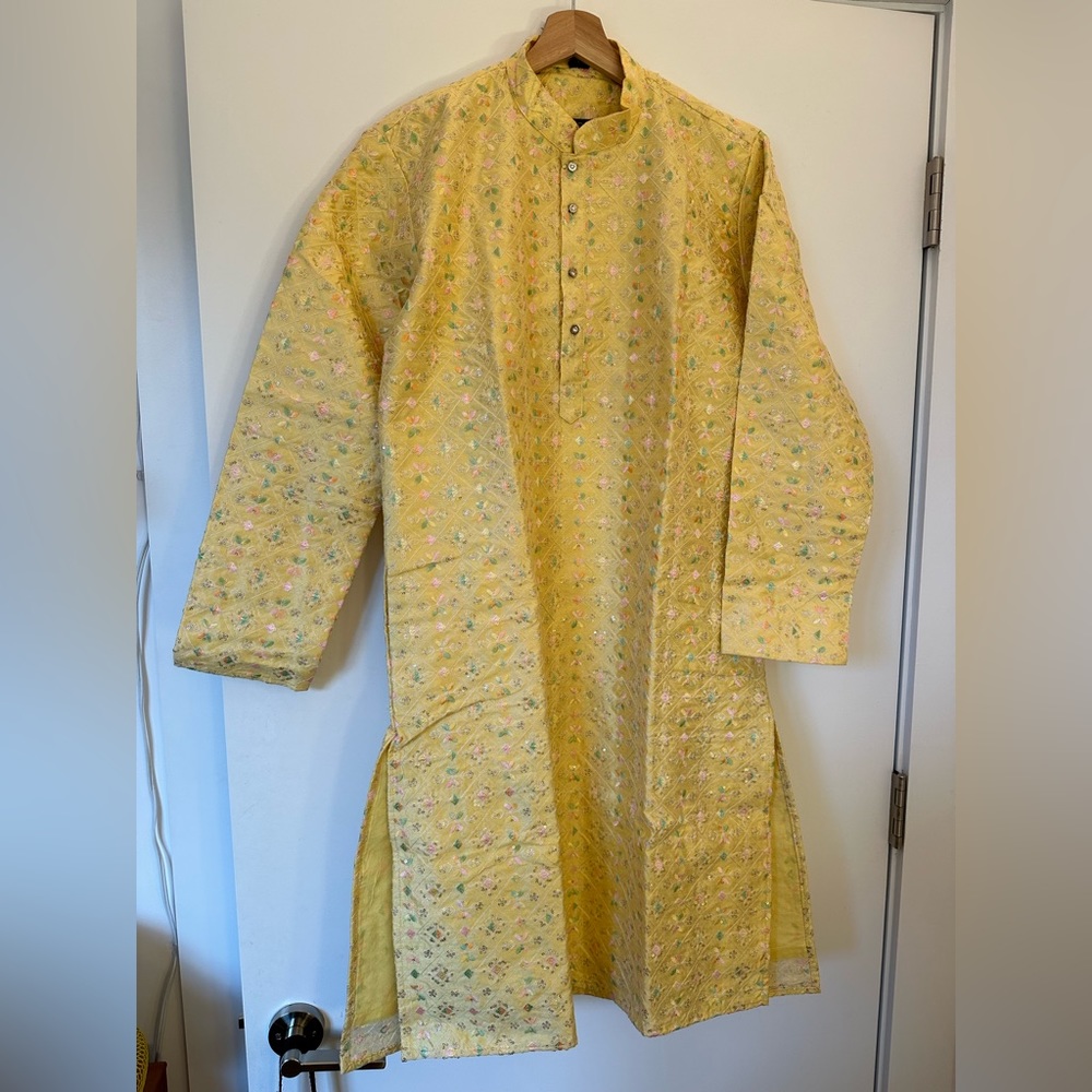 Lemon yellow embroidered kurtha set (by Nero / Shaifali & Satya)